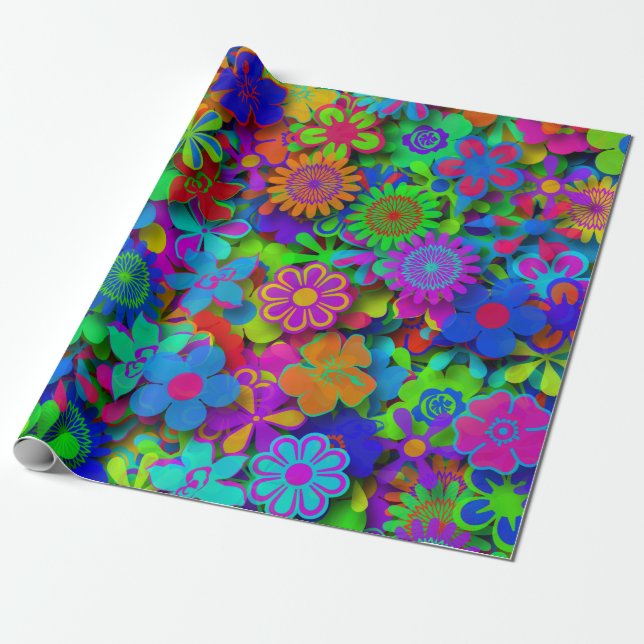 Cute Groovy Flowers Garden Presentpapper (Utrullad)