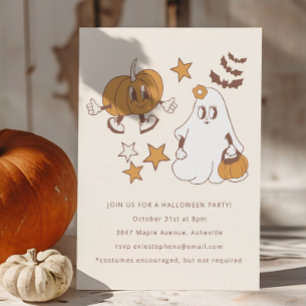 Cute Groovy Retro Pumpkin Ghost Halloween fest Inbjudningar
