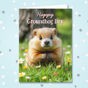Cute Groundhog Day Groundhog i Grass & Flowers Kort