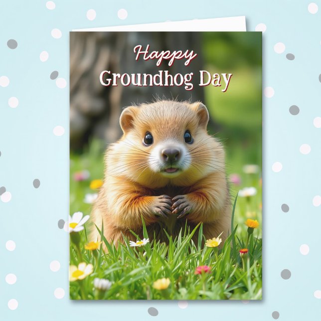 Cute Groundhog Day | Groundhog i Grass & Flowers Kort (Skapare uppladdad)