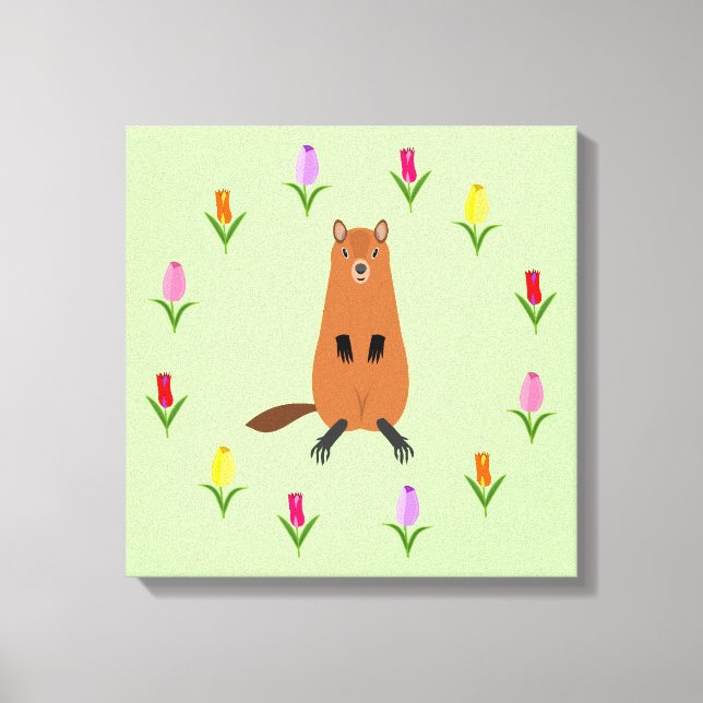 Cute Groundhog och Tulip Flowers Canvastryck (Framsida)