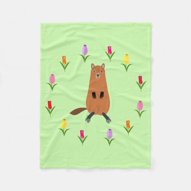 Cute Groundhog och Tulip Flowers Fleecefilt (Framsidan)