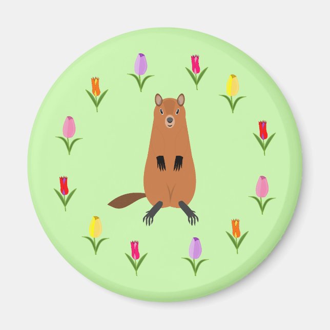 Cute Groundhog och Tulip Flowers Magnet (Framsidan)