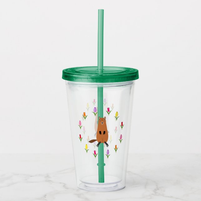 Cute Groundhog och Tulip Flowers Take Away Mugg (Framsida)