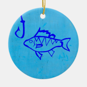 Cute Grunge Blue fish och Fishing krok Julgransprydnad Keramik