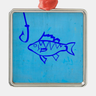 Cute Grunge Blue fish och Fishing krok Julgransprydnad Metall