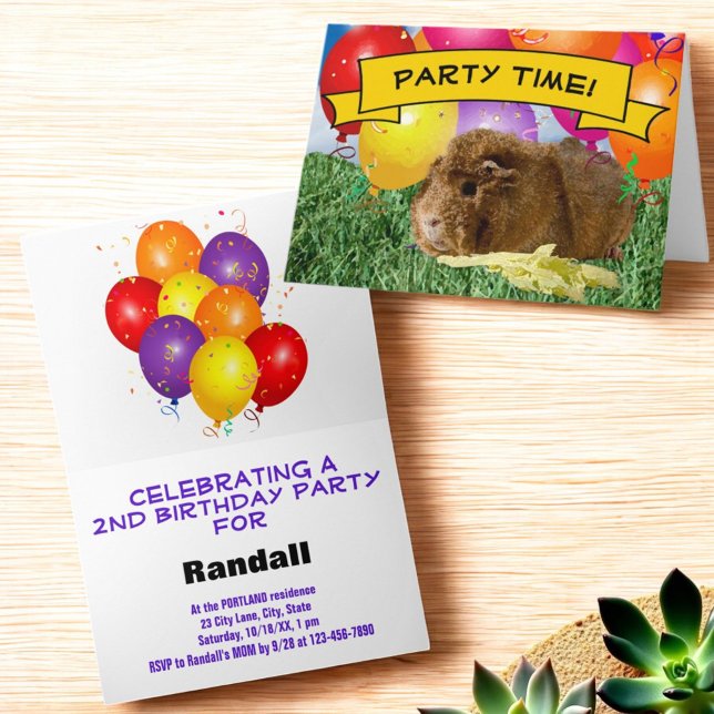 Cute Guinea Gris Barns Födelsedagsfest Bubons Inbjudan (Folded greeting card invitation template cover and inside)