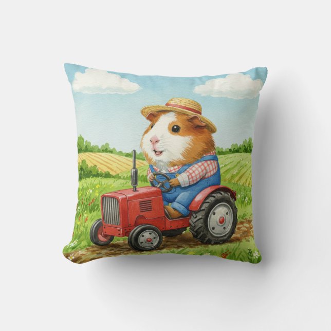 Cute Guinea Gris-Farmer på Traktor i Fält Pillow Kudde (Framsida)