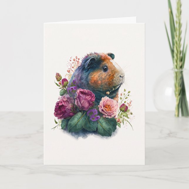 Cute Guinea Gris i Magenta Flowers Alla hjärtans d Helgkort (Framsida)