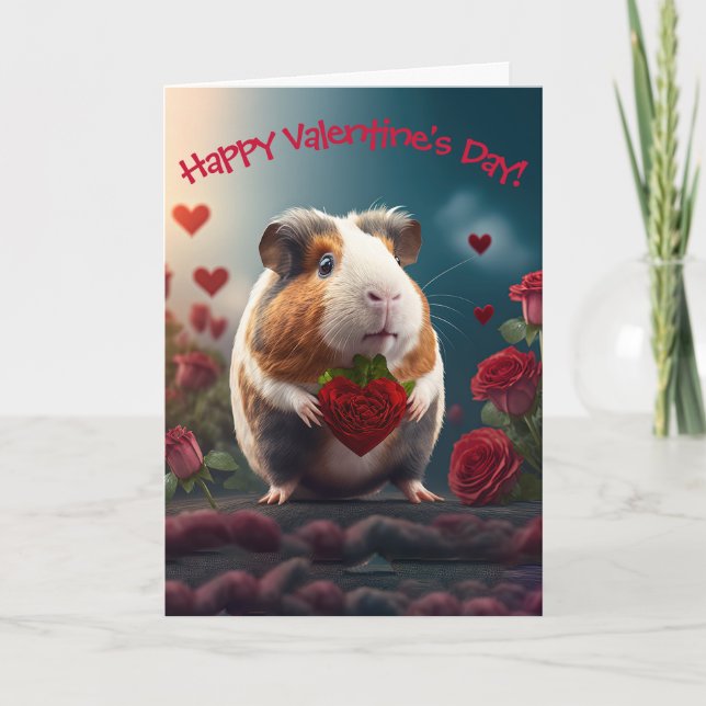 Cute Guinea Gris med Flower Heart Valentine Day Helgkort (Framsida)