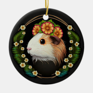 Cute guinea gris med krona av prirosor julgransprydnad keramik