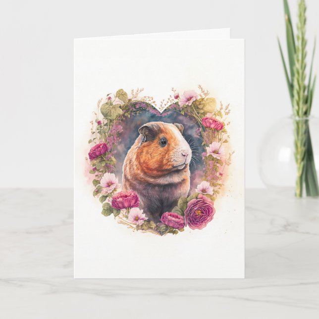 Cute Guinea Gris på Rosa Flowers Valentindagen Helgkort (Framsida)