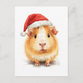 Cute Guinea Pig in Santa Hat Watercolor Helg Vykort