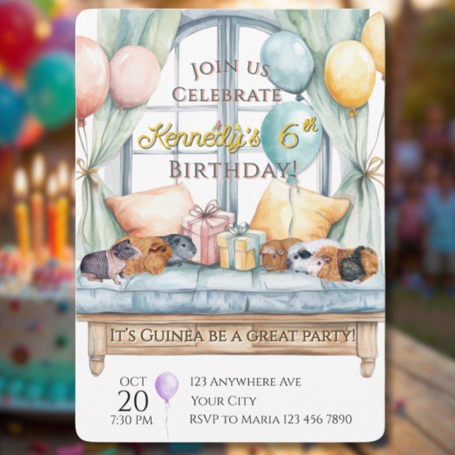 Cute Guinea Pig Watercolor Birthday Party Inbjudningar (Skapare uppladdad)
