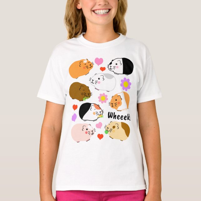 Cute Guinea Pigs with Hearts and Flowers T Shirt (Framsida)