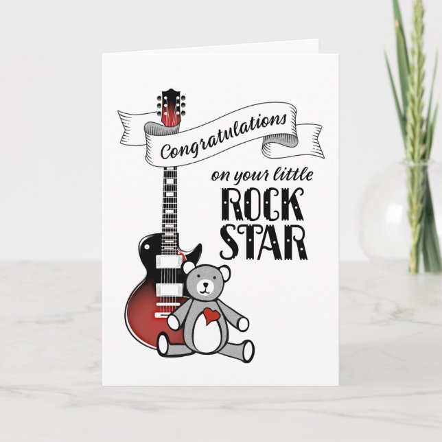 Cute Guitar Teddy Rockstar Sten Roll Baby Shower C Kort (Framsida)