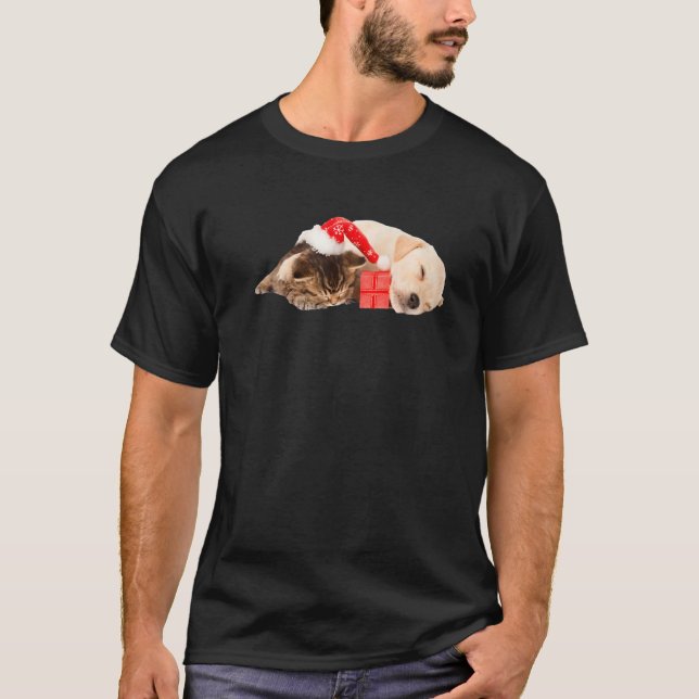 Cute Gul lab Puppy Kitten Santa Hat jul L T Shirt (Framsida)