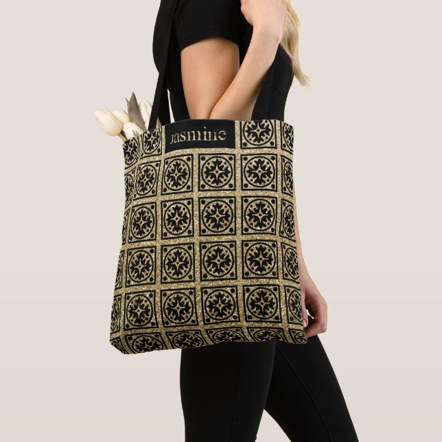 Cute Guld Black Glitter Mönster Personlig Tygkasse (Närbild)