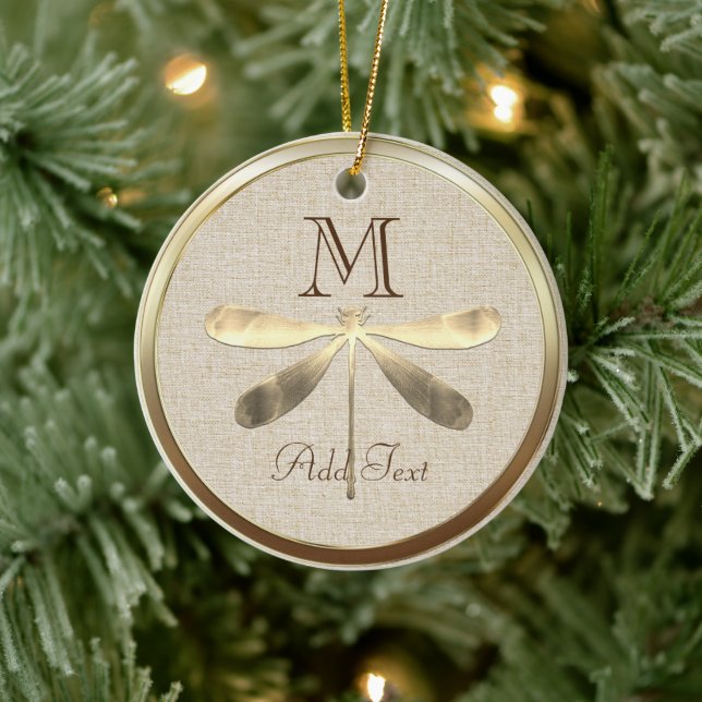 Cute Guld Dragonfly Monogram Julgransprydnad Keramik (Träd)