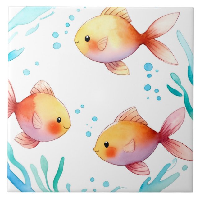 Cute Guld fiskfärgsfärg Havets Nautiska hav Kakelplatta (Framsidan)