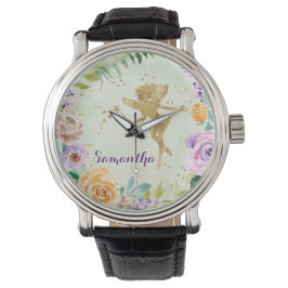 Cute Guld Glitter Fairy with Lila Vild Flowers Armbandsur