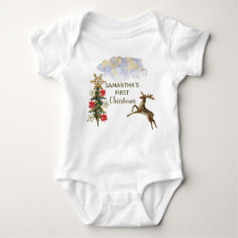 Cute Guld Glitter Träd Hjort Baby Första jul T Shirt