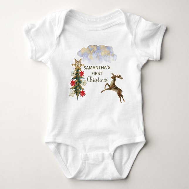 Cute Guld Glitter Träd Hjort Baby Första jul T Shirt (Framsida)