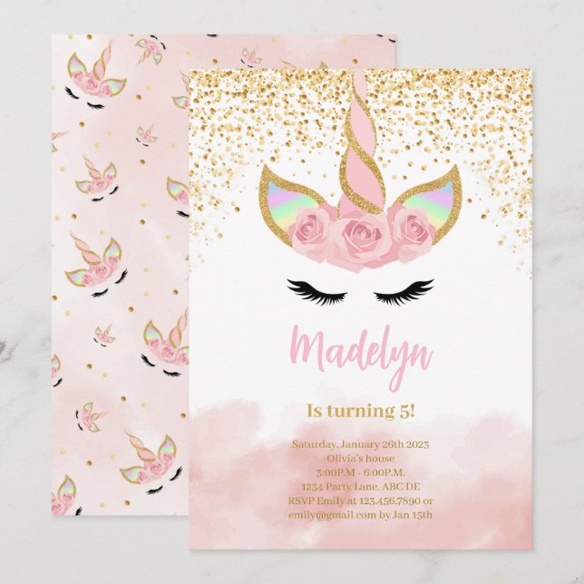 Cute Guld Glitter Unicorn Birthday Inbjudningar (Fram/baksida)