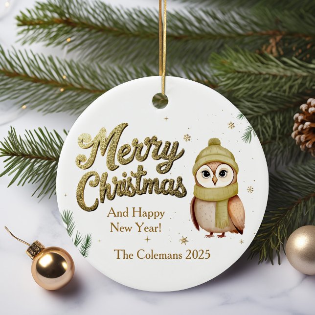 Cute Guld God jul Uggla Personlig Julgransprydnad Keramik (Skapare uppladdad)