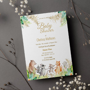 Cute Guld Grönt Brown Blommigt Animal Baby Shower Inbjudan Vykort