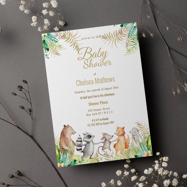 Cute Guld Grönt Brown Blommigt Animal Baby Shower  Inbjudan Vykort (Cute Gold Green Brown Floral Animal Baby Shower)