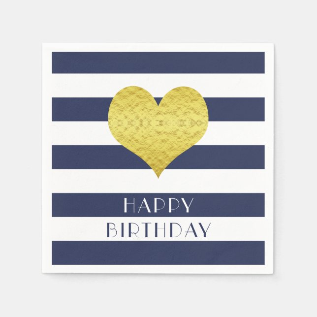 Cute Guld Heart Blue och White Grattis på födelsed Pappersservett (Framsidan)