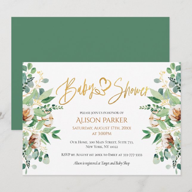 Cute Guld Heart-skript Eucalyptus Baby Shower Inbjudningar (Fram/baksida)