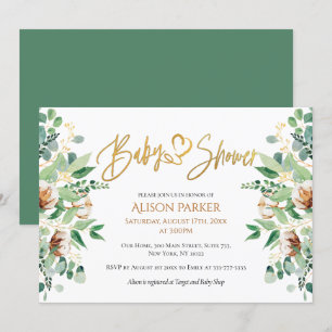 Cute Guld Heart-skript Eucalyptus Baby Shower Inbjudningar