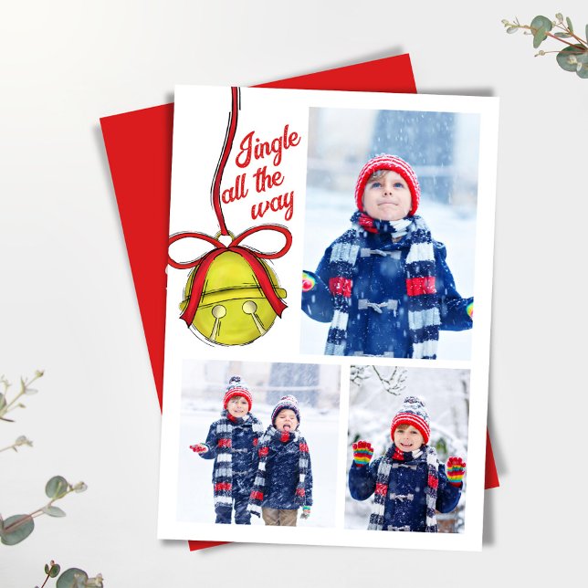 Cute Guld Jingle Bell Photo Collage jul Julkort (Christmas "Jingle all the way" three photo collage greeting card.)