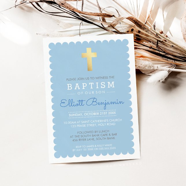 CUTE GULD KOR, modern baptism, skalopad kant blå Inbjudningar (Skapare uppladdad)