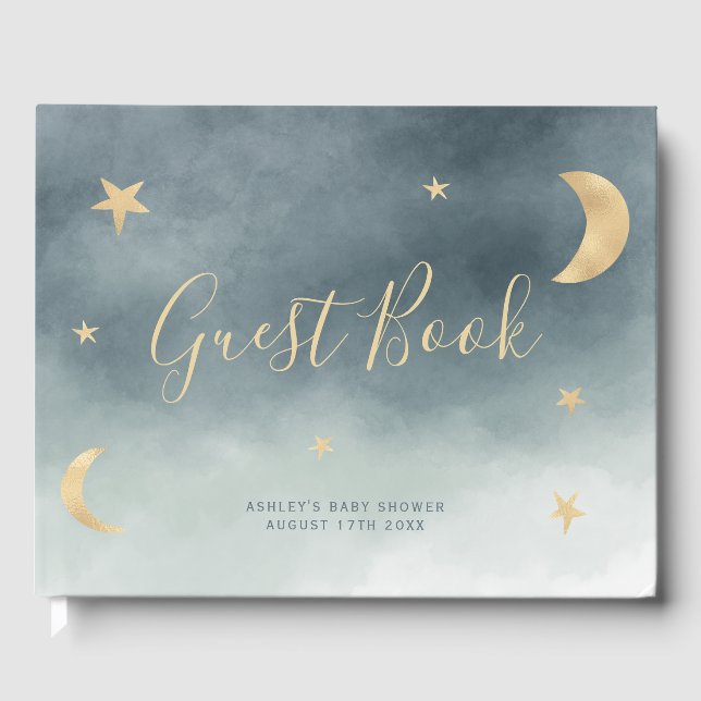 Cute guld måne stjärnor blå vattenfärgdusch gästböcker (Framsida)