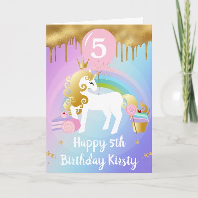 Cute Guld och White Unicorn Sweets Birthday Kort (Framsida)