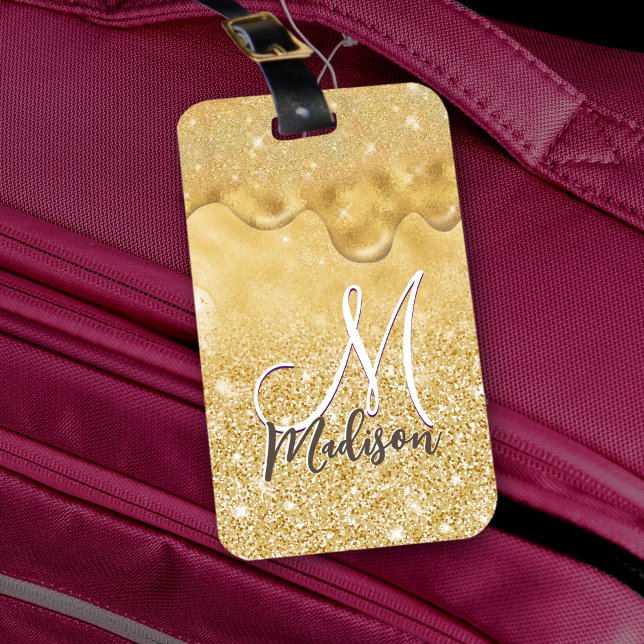 Cute guld ombre glitter droger monogram bagagebricka (Skapare uppladdad)