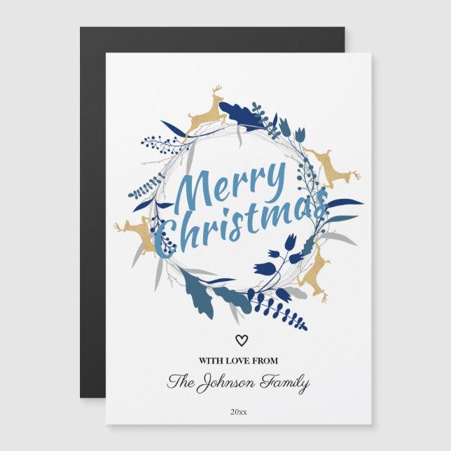 Cute Guld Reindeers Blommigt, julkrans, magnet (Fram/baksida)