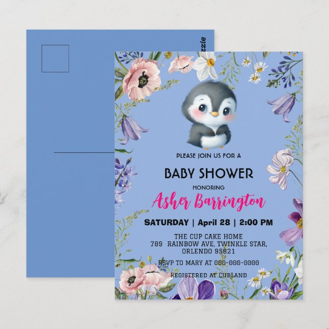 Cute gullpenguin Rustiska blommduschbarn Vykort (Fram/baksida)