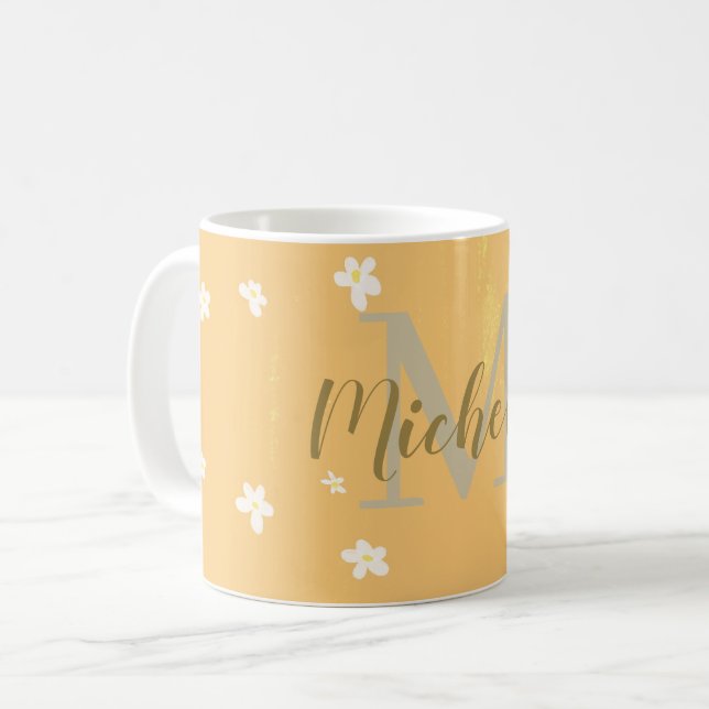 Cute Gult Aesthetic Daisys Girly Monogrammed Kaffemugg (Framsida vänster)