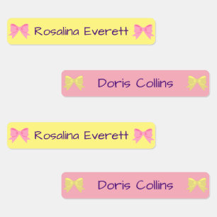 Cute Gult and Rosa Bows Girls Namn Kids Klistermärke
