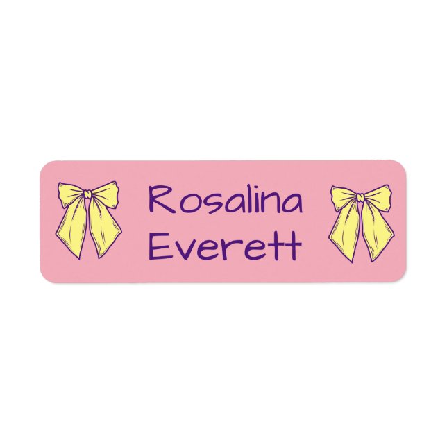 Cute Gult and Rosa Bows Girls Namn Kids Returadress Etikett (Framsidan)