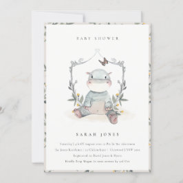 Cute Gult Baby Hippo Foliage Baby Shower Inbjudan