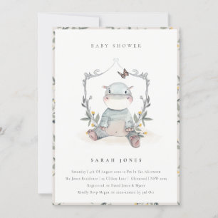 Cute Gult Baby Hippo Foliage Baby Shower Inbjudan
