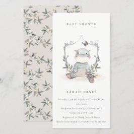 Cute Gult Baby Hippo Foliage Baby Shower Inbjudan