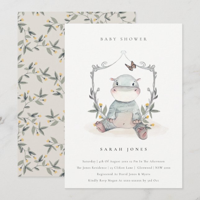 Cute Gult Baby Hippo Foliage Baby Shower Inbjudan (Fram/baksida)