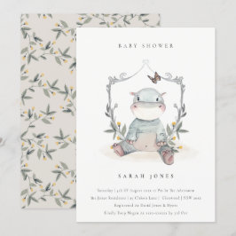 Cute Gult Baby Hippo Foliage Baby Shower Inbjudan
