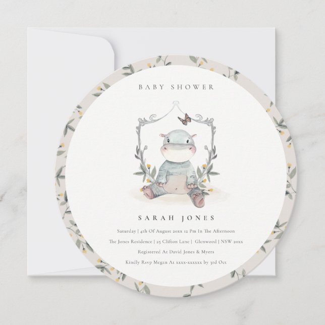 Cute Gult Baby Hippo Foliage Baby Shower Inbjudan (Framsida)
